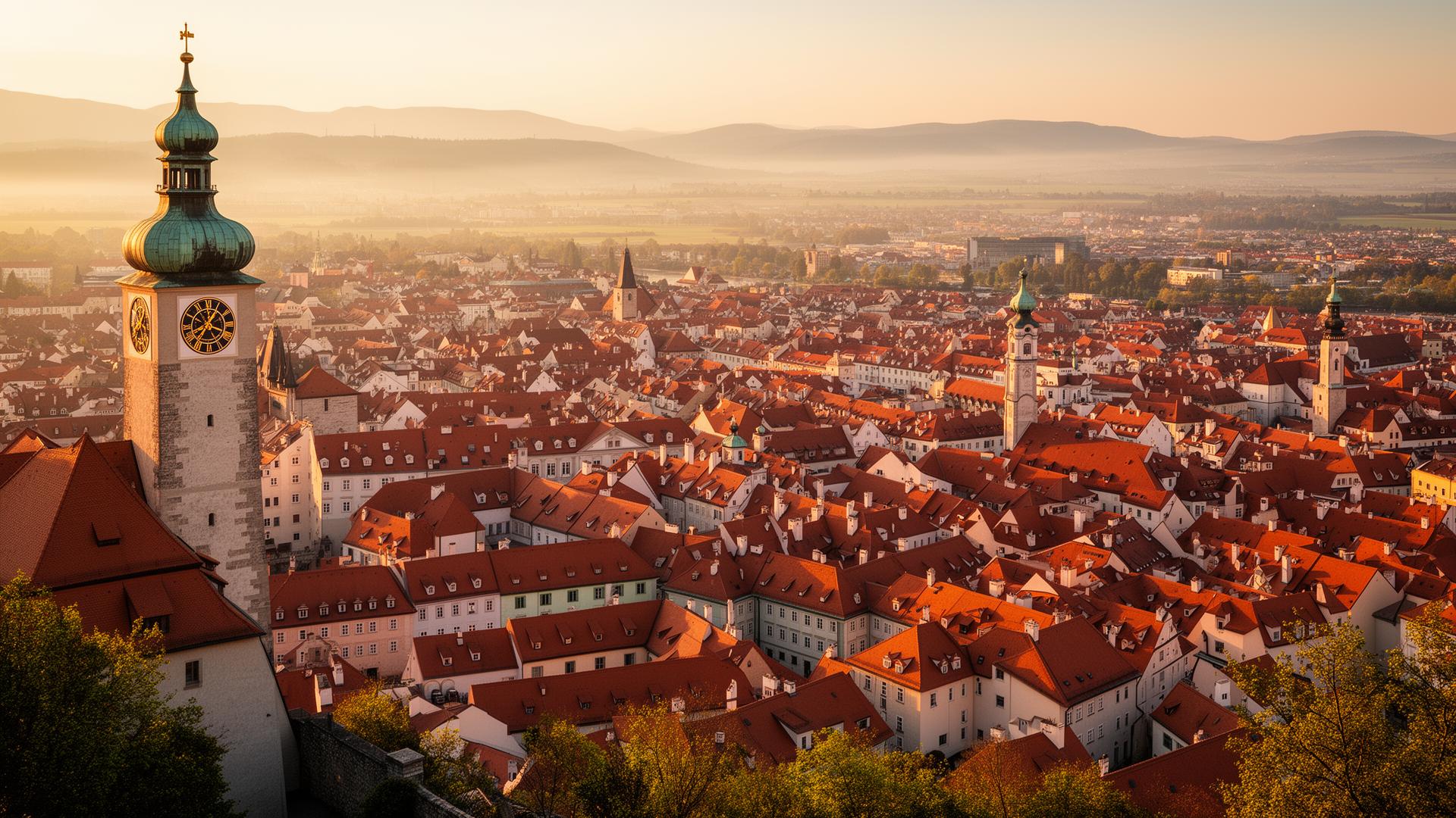 Dächer der Grazer Altstadt mit Uhrturm im Abendlicht